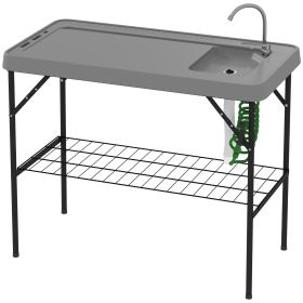Folding Fish Cleaning Table With Sink, Portable Camping Table With Faucet, Drainage Hose, Sprayer And Shelf, Gray