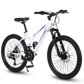 S24103  24 Inch Mountain Bike For Teenagers Girls Women, Shimano 21 Speeds With Dual Disc Brakes And 100mm Front Suspension, White-Pink