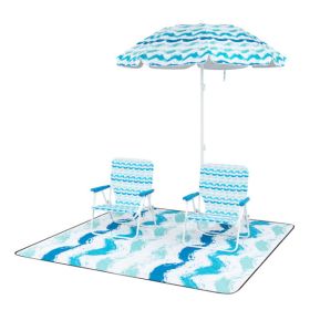 4-Piece Camping, Beach Set – 6.2ft Sun-Proof Umbrella, 2 Folding Chairs & 80"x80" Waterproof Blanket, Blue