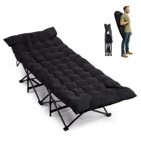 Folding Camping Cot Bed with Soft Pad, Portable Outdoor Cot, Adults Sleeping Bed for Home Office Nap Beach Travel, Black