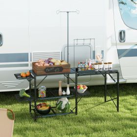 Portable Folding Camp Kitchen Table – Outdoor Cooking Station with Adjustable Lamp Stand & Storage Shelves